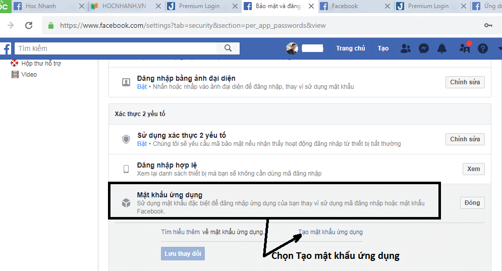 Tạo mật khẩu ứng dụng Facebook